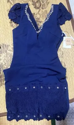 ネイビー Vネック フリル袖 ドレス