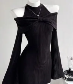 オフショルダーリブニットワンピース ブラック
