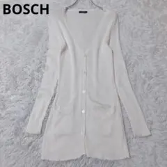 ボッシュ　ロングカーディガン　アイボリー　リブニット　ポケット　Vネック　毛混