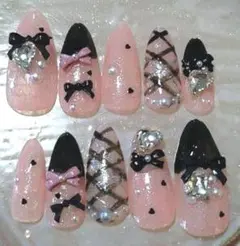 現品ピンク×ブラックリボン ハートネイルチップ 地雷 スナ系 ワンホン 量産型