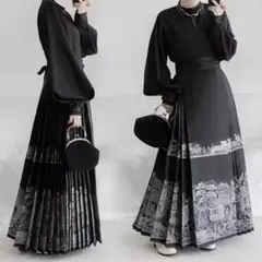 螺鈿松煙馬面裙 黒銀色ロングスカート 明製漢服 中国伝統衣装 着物和服 