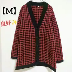 レトロ✨総柄 ニット カーディガン【M】赤×黒 幾何学模様 ヴィンテージ風