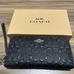COACH 長財布 ブラック シグネチャー ストラップ付