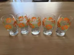 オレンジ花柄ガラスグラス5個セット