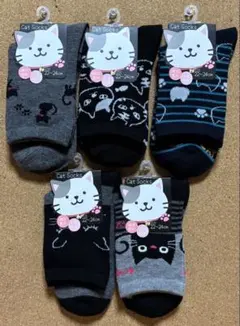 レディース猫デザイン靴下5足組セット 22-24cm