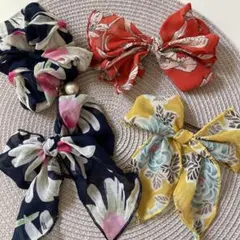 ヘアアクセサリー　リボン　バレッタ＆ゴム　4点セット
