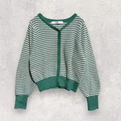 novem カーディガン ボーダー M相当 グリーン ショート丈
