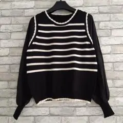 スプライシングレース襟 新ストライプランタンスリーブ トップス ブラック