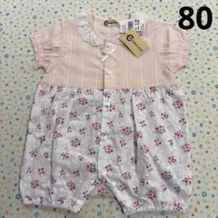 ⑮80、ピンク系、新品♡﻿花柄、レース、刺繍♡﻿半袖ロンパース、綿100%のサムネイル