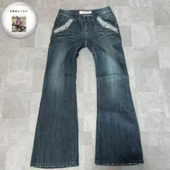 切替デザイン　フレアデニムパンツ　ヴィンテージ加工　Y2K　グランジ　古着
