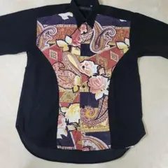 イギリス製　長袖コーデュロイシャツ　/ペイズリー/バラ柄/M/黒/ブラック