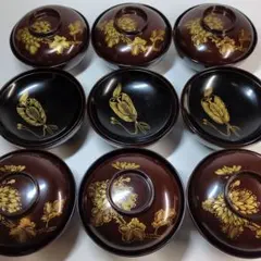 輪島塗　沈金　碗　9客セット　骨董　アンティーク　茶碗