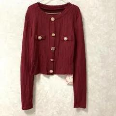 【SHEIN】ツイード風 ニットトップス ボルドー 金ボタン Sサイズ