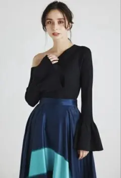 リエンダ　フレアSLVアシンメトリーKnit TOP ブラックのサムネイル