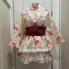 クティールとレトロ 2wayフリル浴衣セット＋帯揚げ＋帯締め 椿 リボン