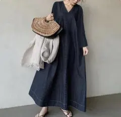 デニム　ロングワンピース　マキシ丈　長袖　きれいめ　スキッパー　バックベルト　春