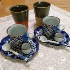 新品　青と白のコーヒーカップとスプーン　ソーサー 湯呑　昭和レトロ　和食器