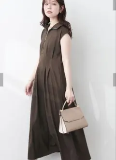 【natural couture】ハーフZIPフレンチスリーブワンピース　グレー