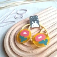 ヘアゴム 髪ゴム ベビー キッズ子供 お花 フラワー プレート イエロー 2本.