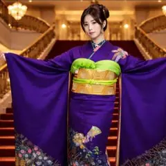 振袖　完全フルセット　24点　成人式　結婚式　前撮り　パープル　紫　手書き　黄緑