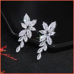 高品質 キュービックジルコニア リーフ ピアス★結婚式 ブライダル シルバー