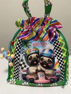 【専用】Go!Go!☆パグちゃんパネル　持ち手付巾着袋　プクプクチャーム付
