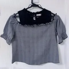 Cherite チェック柄オフショルダー半袖トップス
