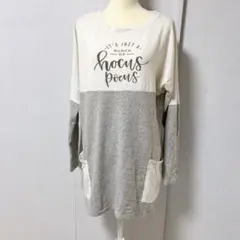 L〜XL相当 プリント チュニック 長袖 バイカラー 白×グレー ゆったり