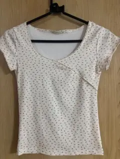 【S】花柄 リブ Tシャツ 半袖 カシュクール風 リボン レース アイボリー