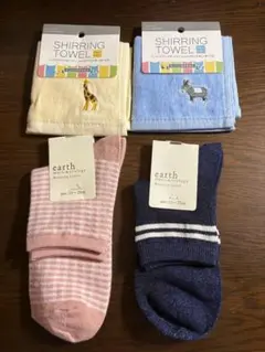 【新品4点セット】earth靴下 ＆ 刺繍ミニタオル まとめ売り