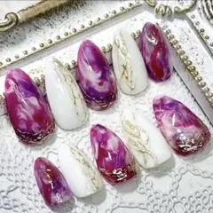 ピンクマーブル×ホワイト×ミラー×ニュアンスネイルチップ
