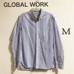 【GLOBAL WORK】ストライプ ボタンダウン シャツ（M）ホワイト×ブルー