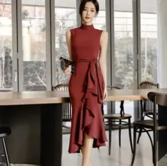 結婚式ドレス お呼ばれワンピース ノースリーブ 二次会 20代30代 赤 レッド