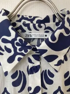 ZARA ロングシャツワンピース 総柄 ホワイト×ネイビー