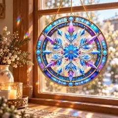 サンキャッチャー 雪の結晶 ステンドグラス風 アクリル 窓飾り 壁掛け 北欧 冬
