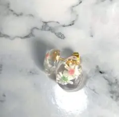 ⑤花(ドライフラワー)ピンク グリーン 雫型ピアス