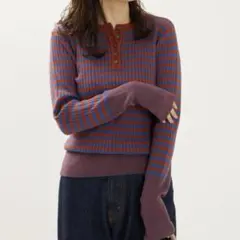 FREAKS STORE カラーボーダーヘンリーネックニット 赤茶、青系