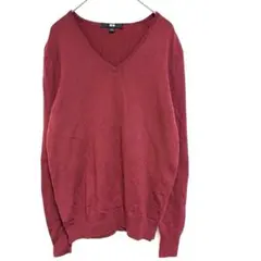 【UNIQLO】Ｖネック ウール100%ニット 赤 シンプル オフィス Lサイズ