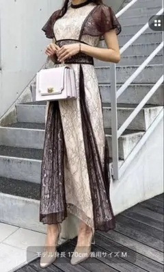 マーキュリーデュオ　レースプリーツスイッチングドレス　ブラウン