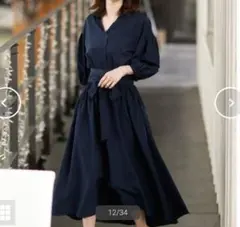 POUR VOUS ネイビー パフスリーブ ロングワンピースS　リボンベルト付きのサムネイル