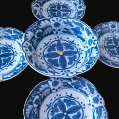 三洋陶器 龍峰窯 花鳥図 染付 銘々皿揃 5枚セット 中皿 輪花皿 古