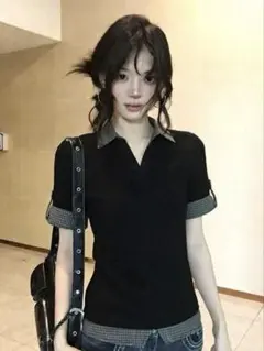 フェイクレイヤード半袖 ポロシャツ チェック柄×無地 夏 半袖 Tシャツ