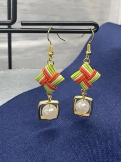 ハンドメイド【水引】ピアス 緑×オレンジ