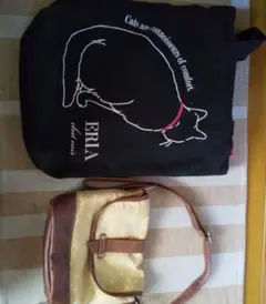 ①猫イラスト トートバッグ キャンバス ②水玉模様ミニバック ショルダータイプ