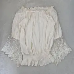 ブラウス オフショル ギャザー フローラルレース リネン混 ホワイト S〜M相当