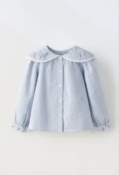 ZARA KIDS フリル付き青白ストライプ長袖シャツ・ブラウス