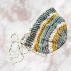 ハンドメイド バラクラバ ボンネット 帽子 グレー×イエローブルー
