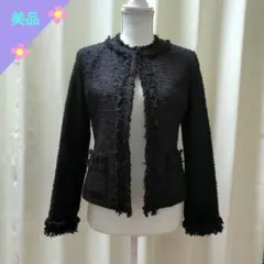 ♥特別価格　♠美品　コットンツイード　ノーカラー　ジャケット　黒　長袖