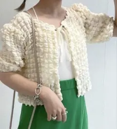 【美品】wcloset アイボリー リボン カーディガン 半袖 ポコポコのサムネイル