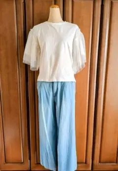 チュール袖 半袖Tシャツ ホワイトのサムネイル
